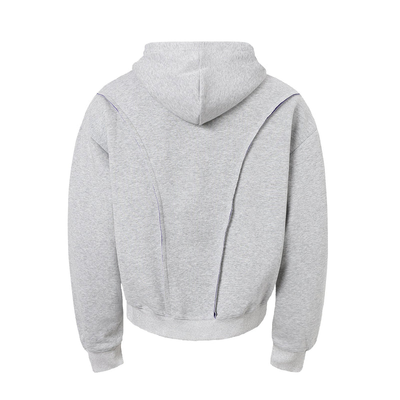 Light gray hoodie back view showing hood panel seams and contrast stitching