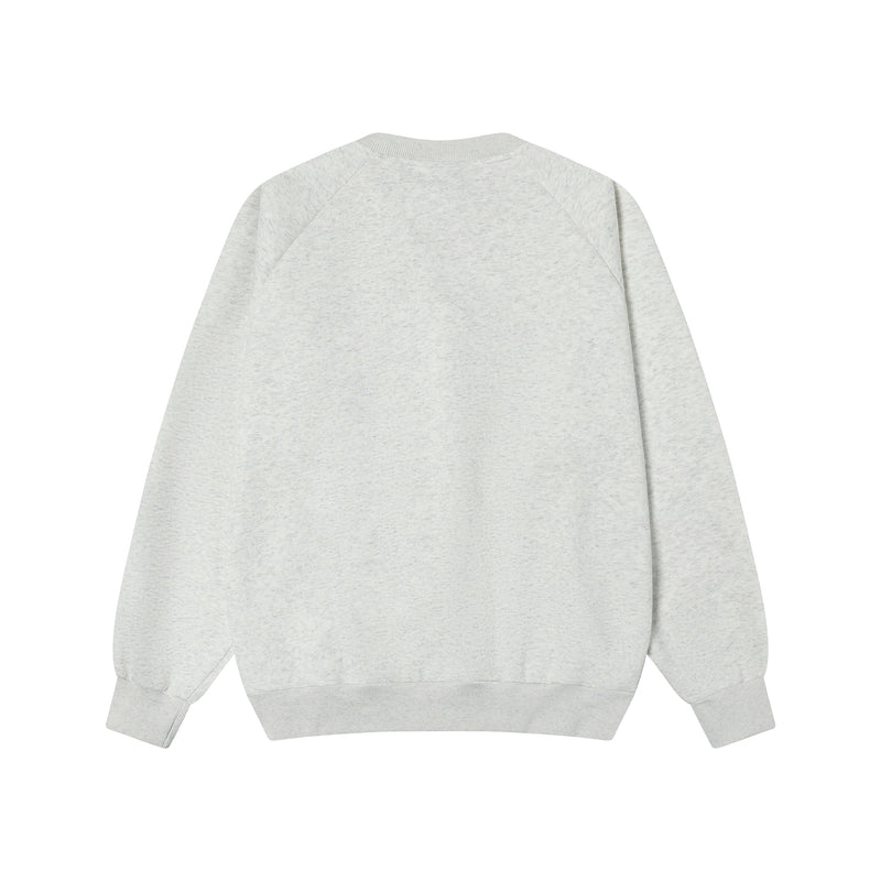 Light heather gray sweatshirt back view with plain raglan sleeves and ribbed trim