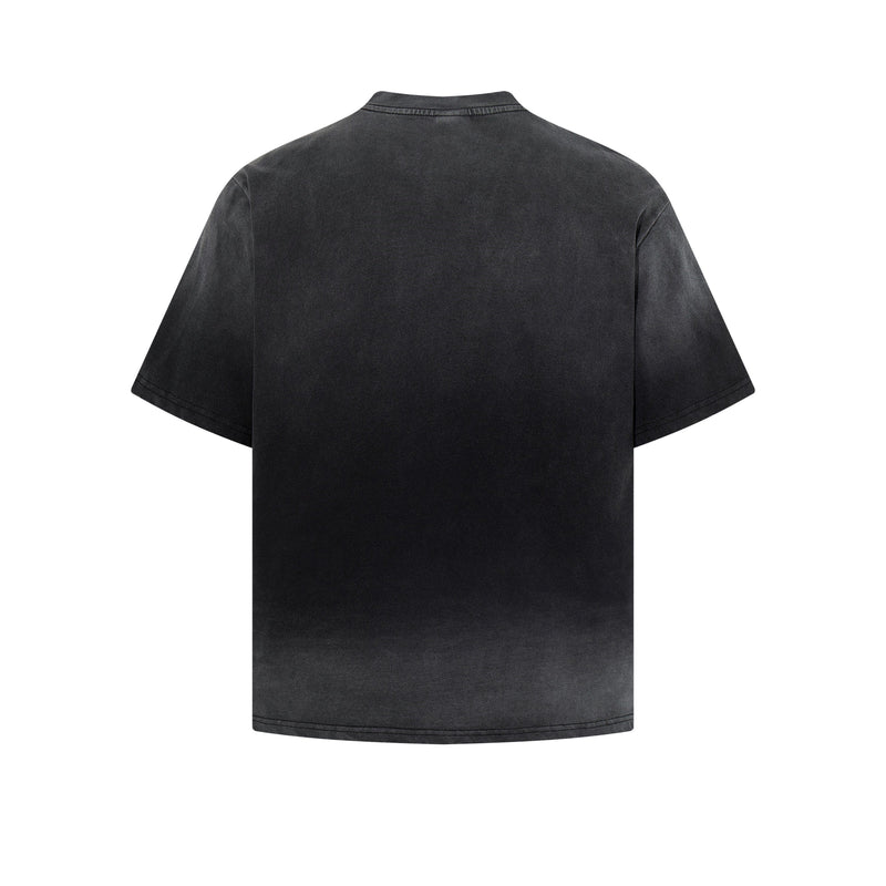 Washed black vintage-fit graphic tee with a faded grunge finish and relaxed short sleeves