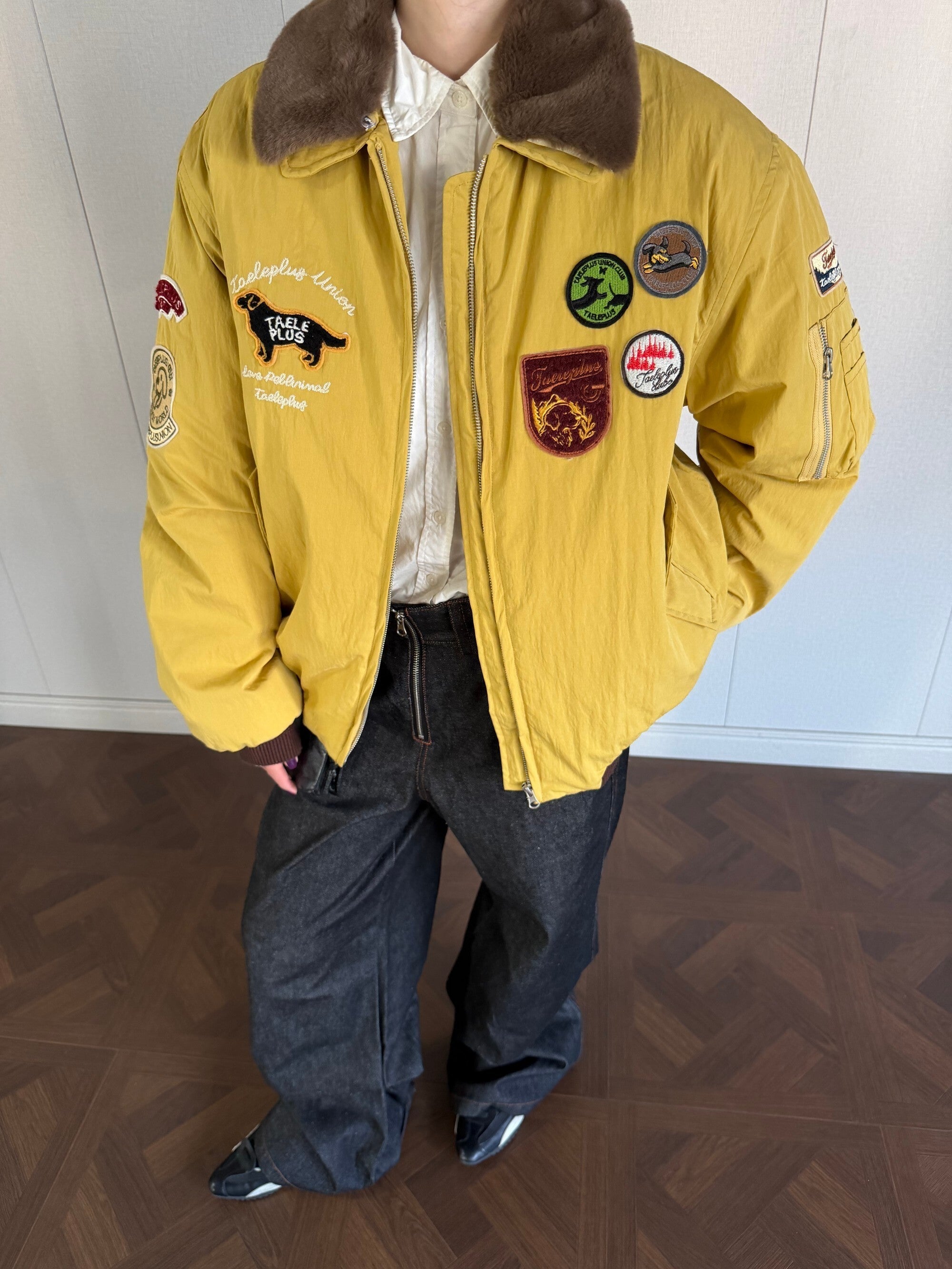 Taele Plus Aviation Patch Bomber Jacket with Fur Collar