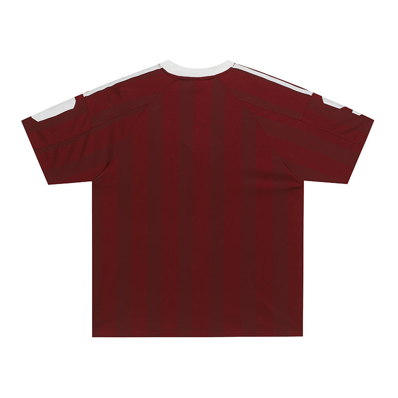 Maroon striped football jersey T-shirt with white shoulder panels and No. 9 styling