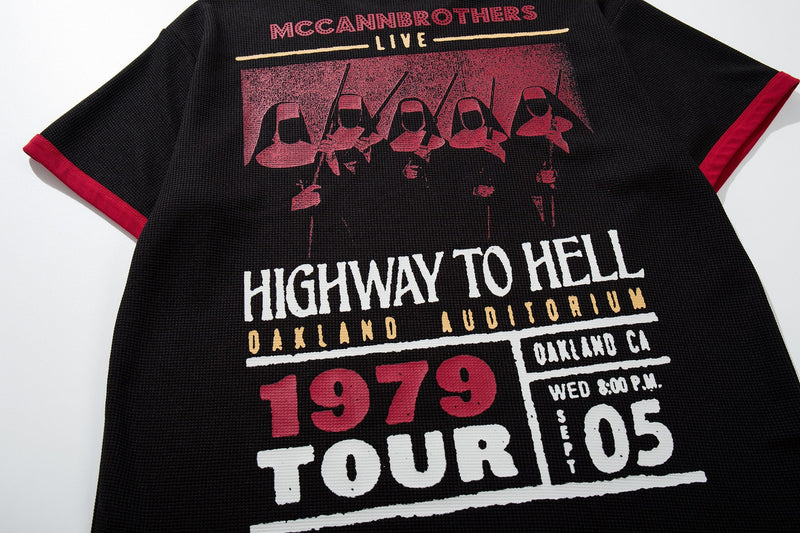Black ringer T-shirt with red trim and distressed 1979 tour graphic for McCann Brothers Live at Oakland Auditorium