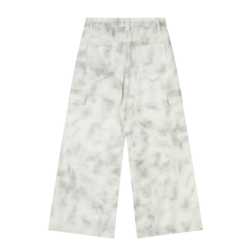 Back view of white washed cargo wide-leg pants with patch pockets and wide legs