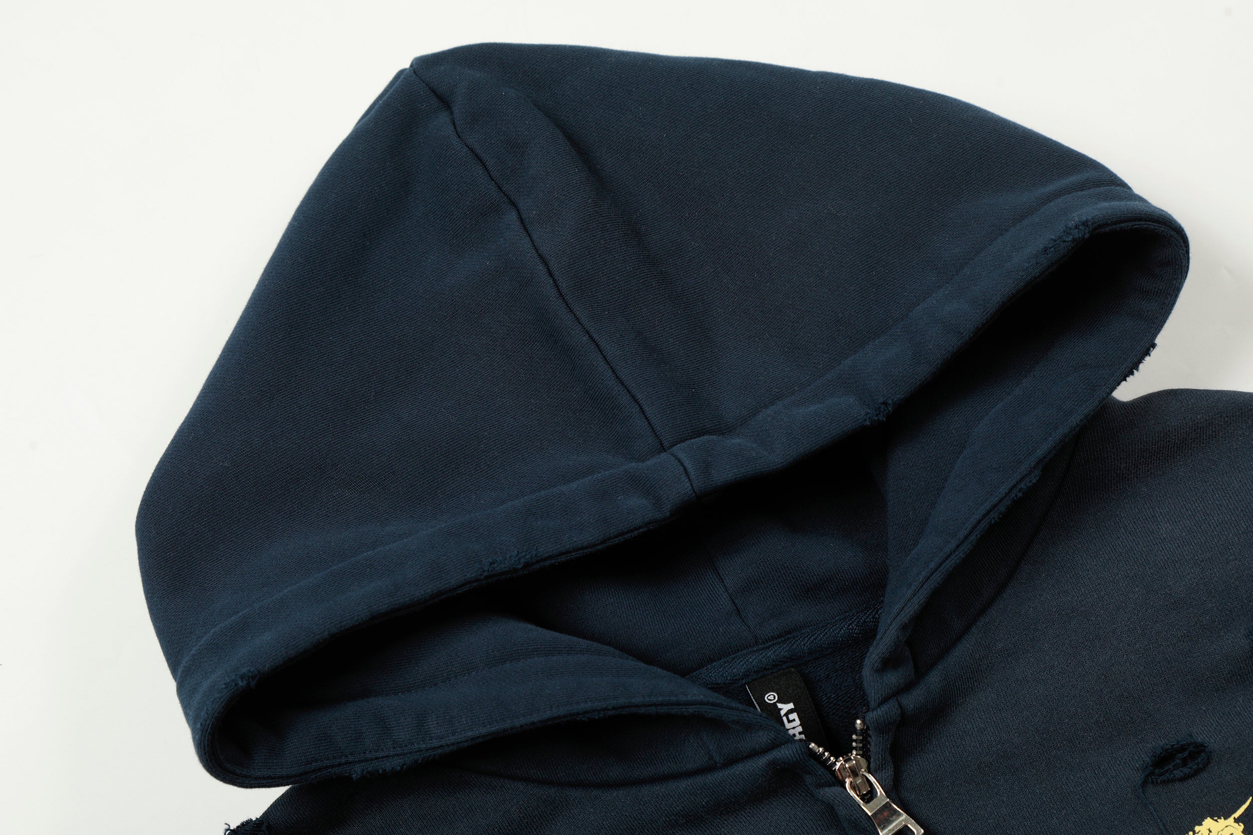 Distressed Crest Zip-Up Hoodie | Navy Gold Graphic Streetwear