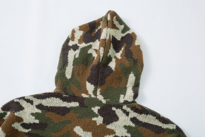 Back close-up of the camouflage knit hood and upper shoulders