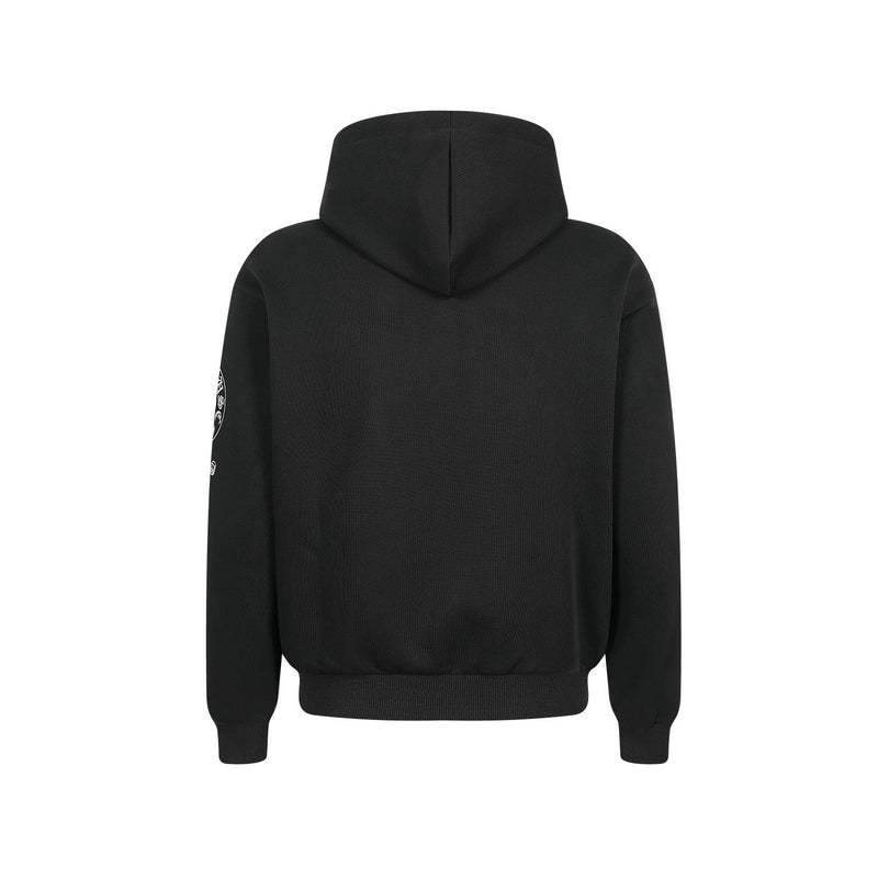 Black hoodie back view with plain fleece finish and ribbed hem and cuffs