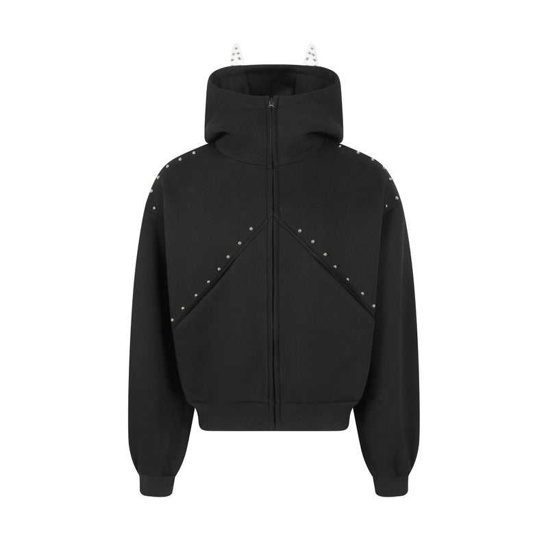 Black front view of zip hoodie with tall collar, devil horn hood and studded seams