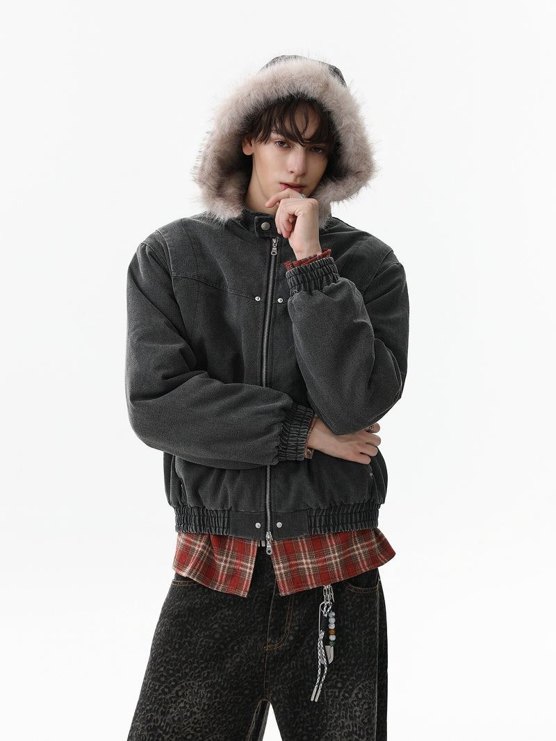 Detachable Fur Collar Washed Workwear Bomber Jacket