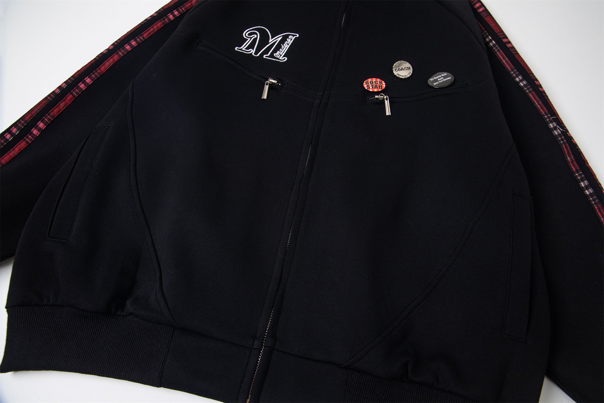 Omirad Plaid-Trim Track Jacket with Embroidered Logo & Pins