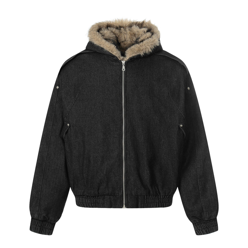 Detachable Fur-Collar Denim Bomber Jacket | Deep Indigo & Washed Black