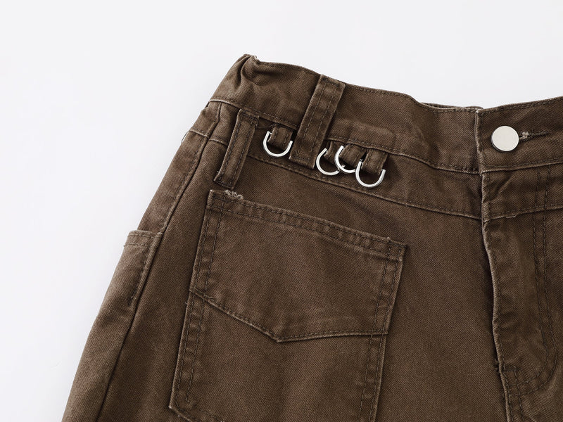 Wide-Leg Cotton Pants with Metal Ring Waist Detail