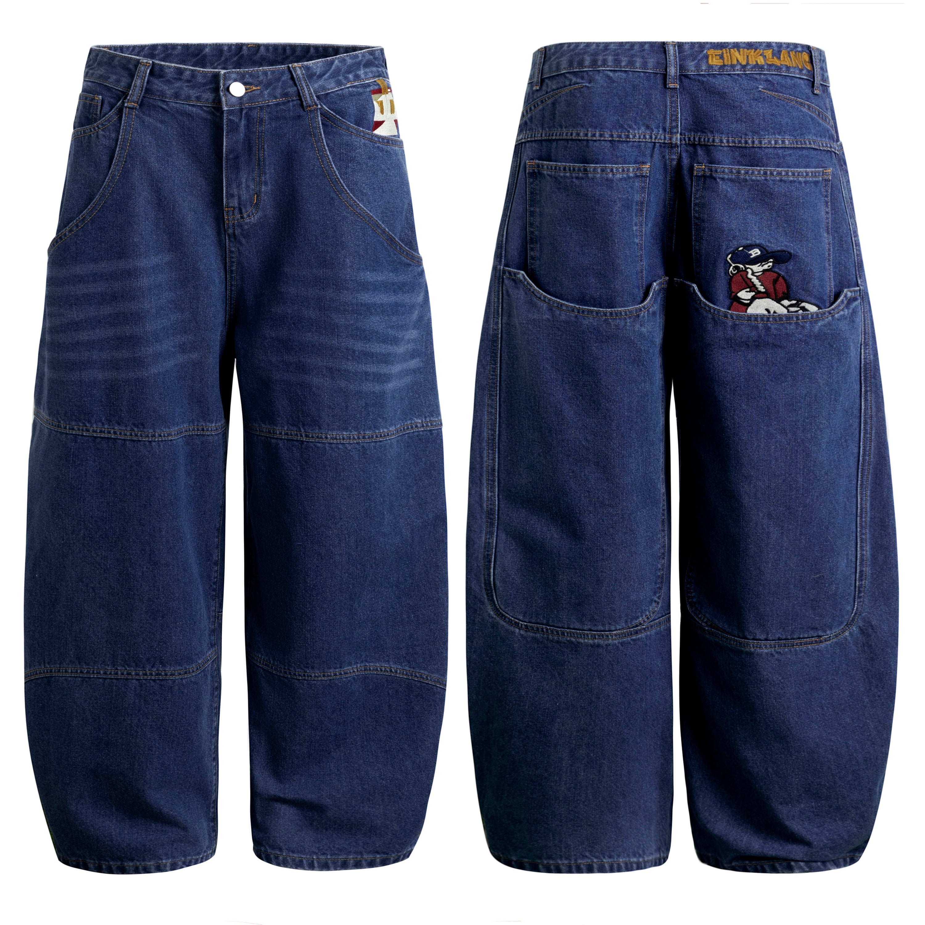 Front and back view of deep blue wide-leg denim pants with embroidered cartoon patches and oversized back pockets