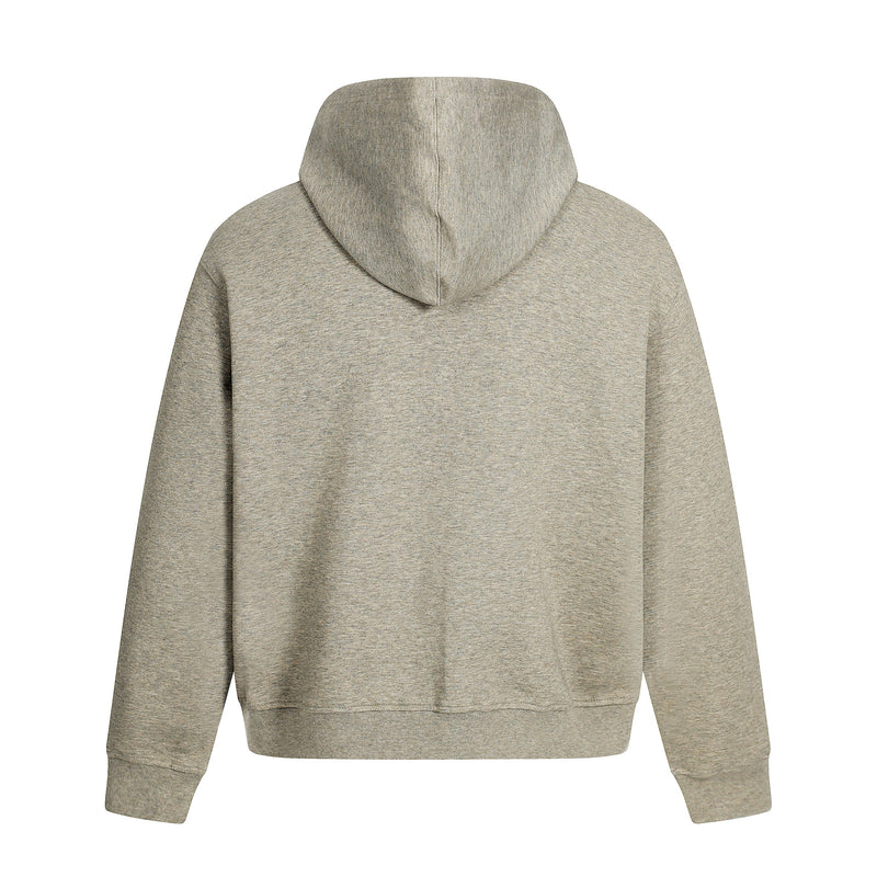 Back view of a beige hooded sweatshirt with ribbed hem and cuffs