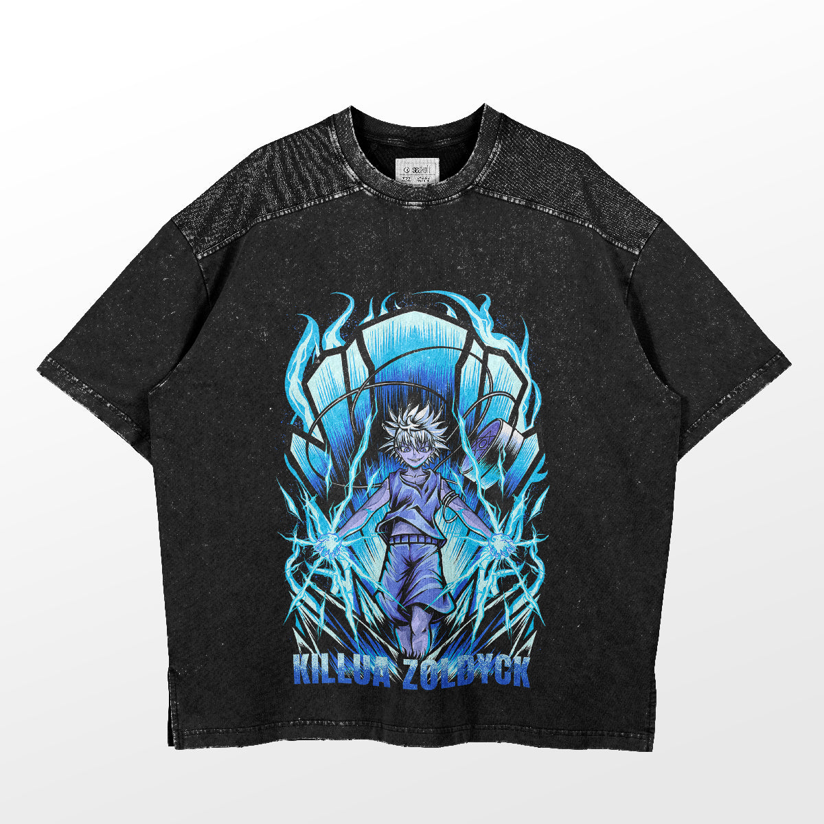 The Killua Shirt by Hunter × Hunter is a black cotton design featuring a manga character with spiky hair surrounded by blue lightning. It reads &quot;KILLUA ZOLDYCK&quot; and has a textured black pattern on the shoulders and upper back, ideal for casual wear.