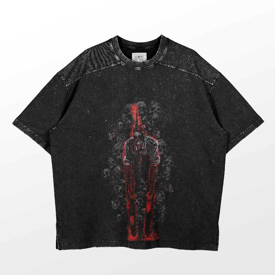 The Chainsaw Man Denji Surrounded by Skulls Graphic T-Shirt, from the Chainsaw Man brand, showcases an intense horror anime design in black with a faded red and gray abstract figure. This exclusive piece features a textured look, neck tag, and subtle gradient background.