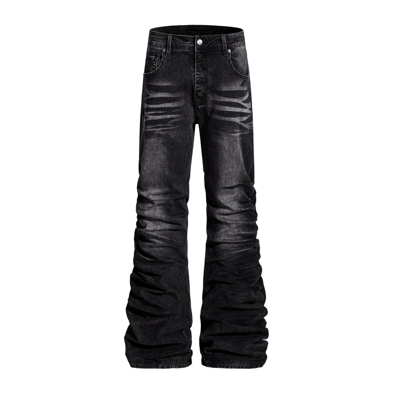 Black washed flare jeans with stacked legs, front view and button fly