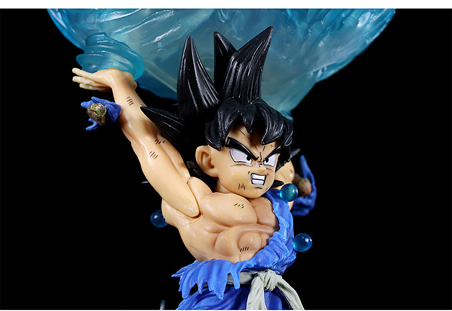 The Seakoff Goku Collectible Figure, a 46cm Dragon Ball Z Kamehameha Statue, depicts Goku with spiky hair and a tattered blue outfit. With one arm raised, he wields a swirling blue energy sphere, capturing the essence of this legendary character.