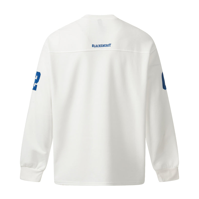 Back view of white long sleeve tee with small Blackenergy logo at the upper back