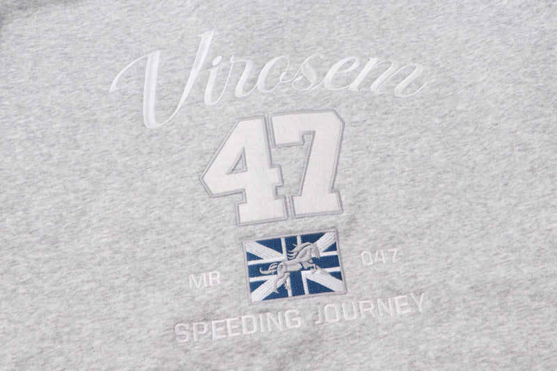 Close-up of back graphic on light gray hoodie showing Virosem 47 and speeding journey text
