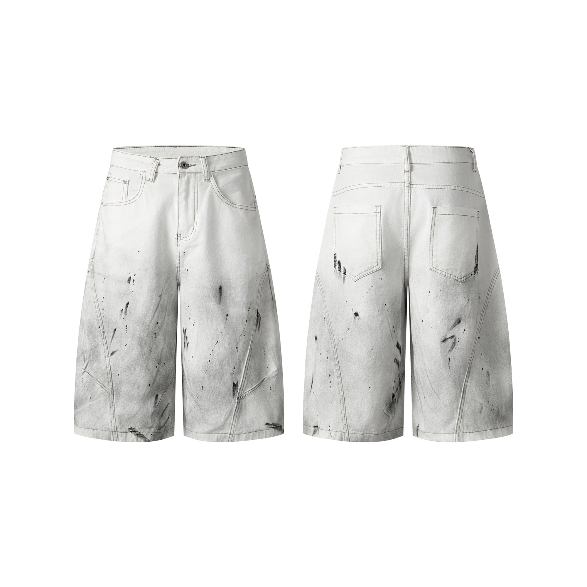 Front view of white wide-leg denim shorts with grey gradient wash, ink splatter details, and distressed marks