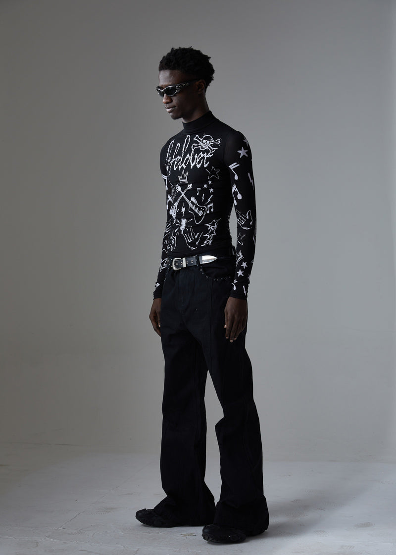Front three-quarter view of black wide-leg jeans with studded waistband and belt