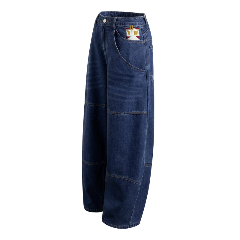 Omirad Embroidered Wide-Leg Cotton Denim Pants | Deep Blue