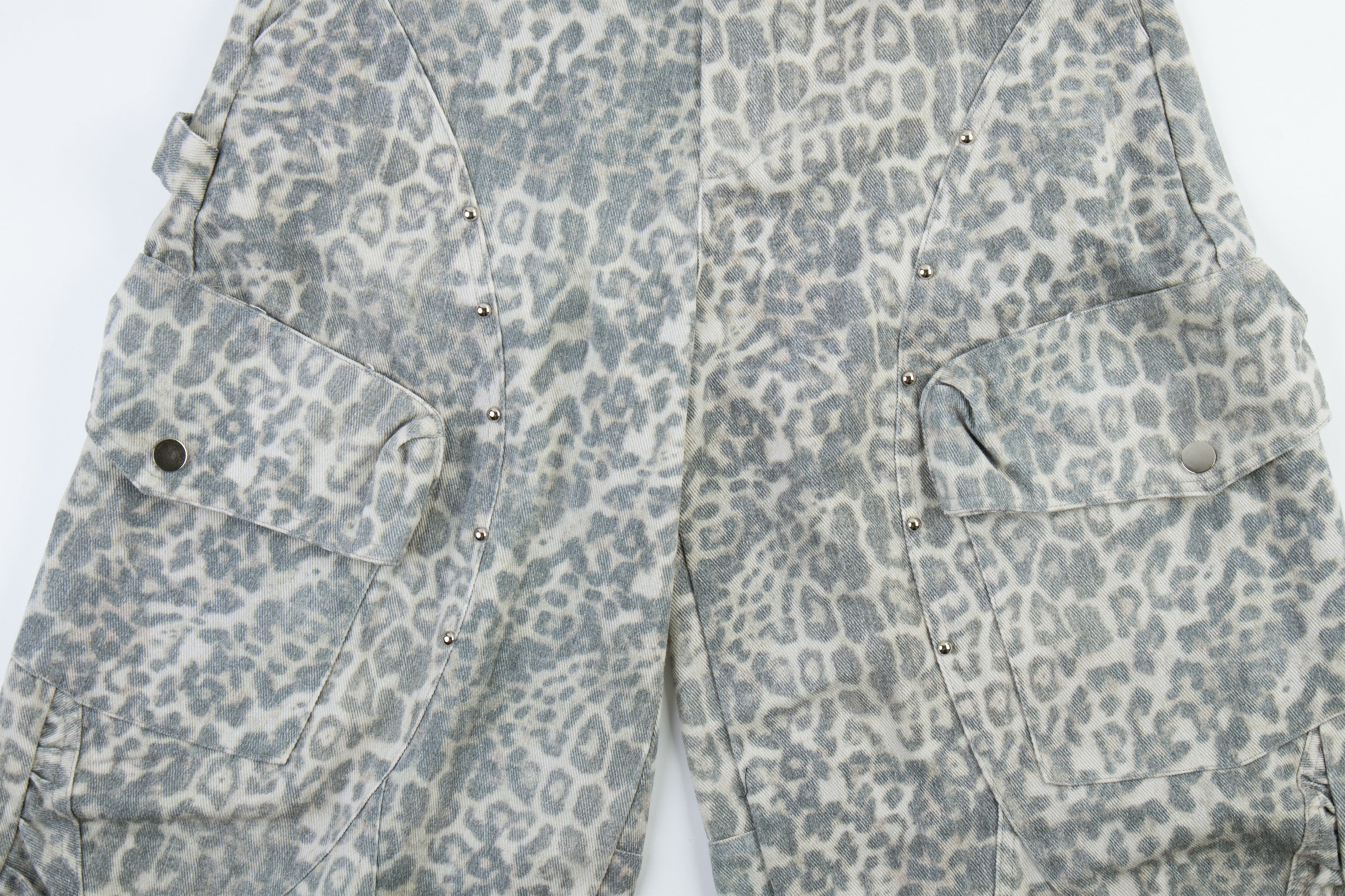 Leopard Print Utility Wide-Leg Cargo Pants with Rivets