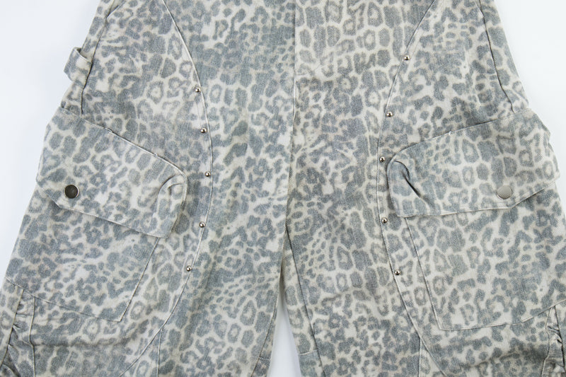 Leopard Print Utility Wide-Leg Cargo Pants with Rivets