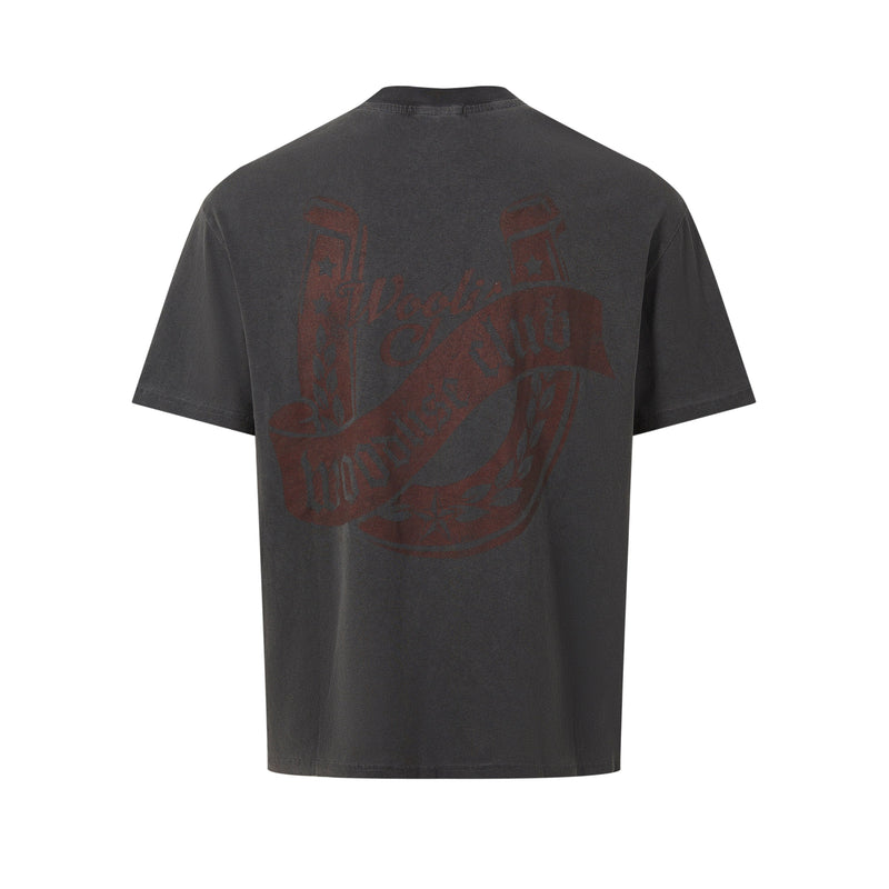 Dark vintage-wash oversized T-shirt with faded red star and bottle graphic on the back