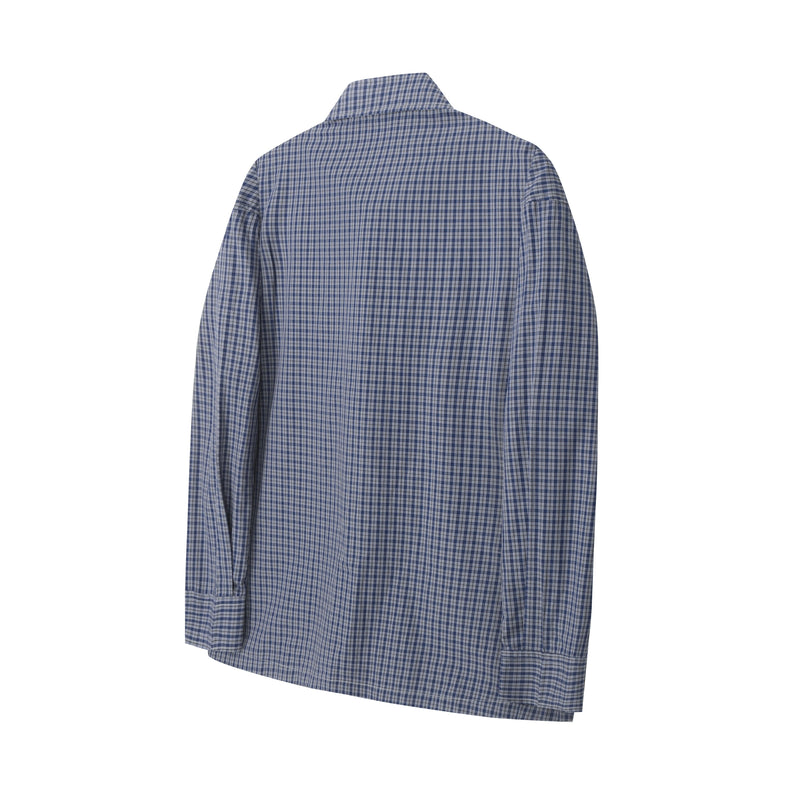 Back view of blue and gray plaid overshirt with long sleeves and straight hem