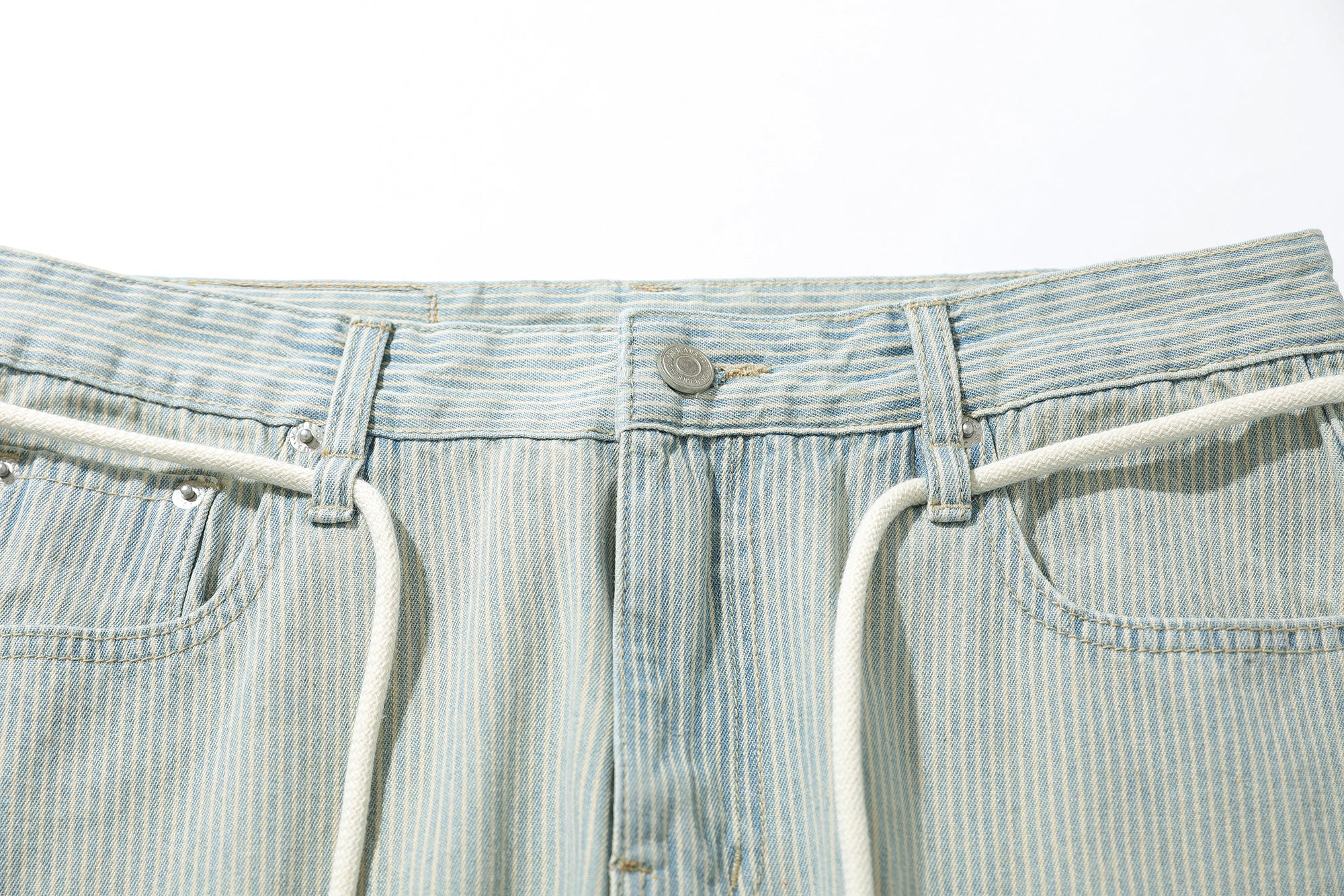Washed Stripe Wide-Leg Denim Pants with Drawstring Waist