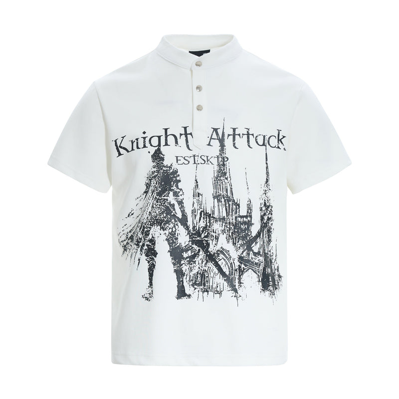 White short sleeve polo tee with black knight attack graphic and medieval castle print on the front