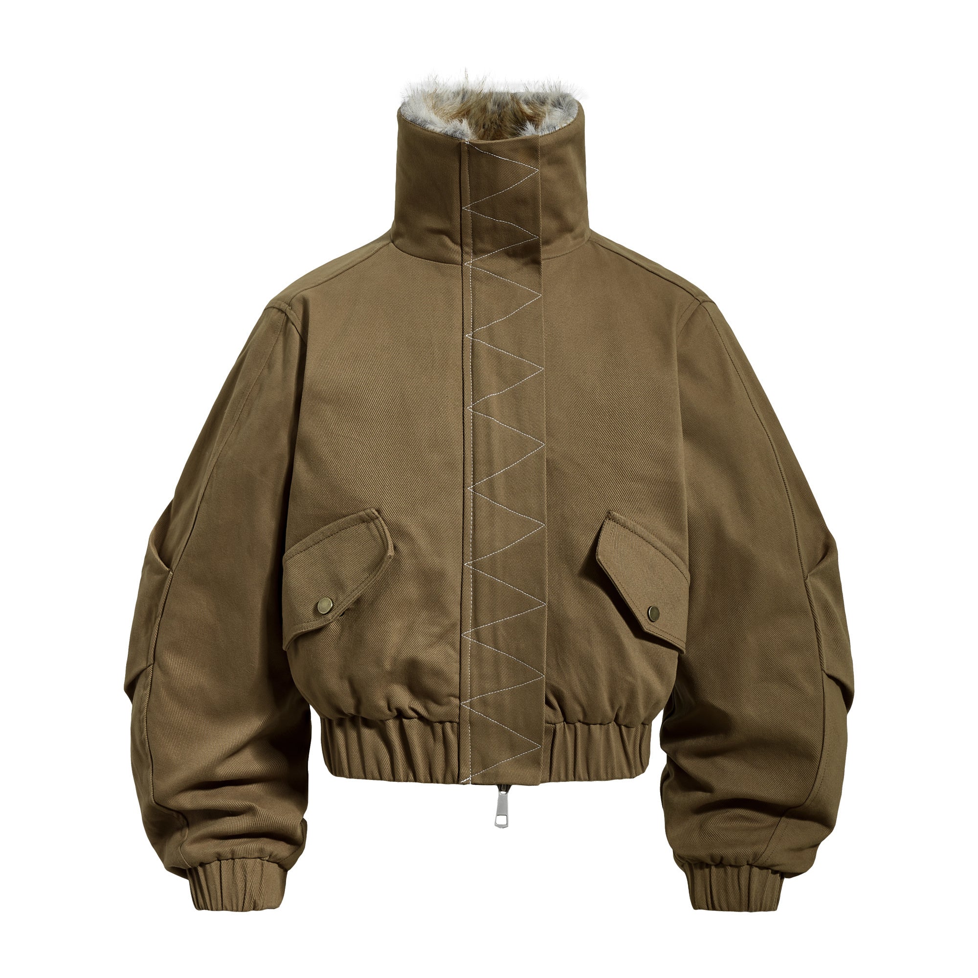 Fur-Lined Cropped Bomber Jacket | High-Neck Cotton Utility