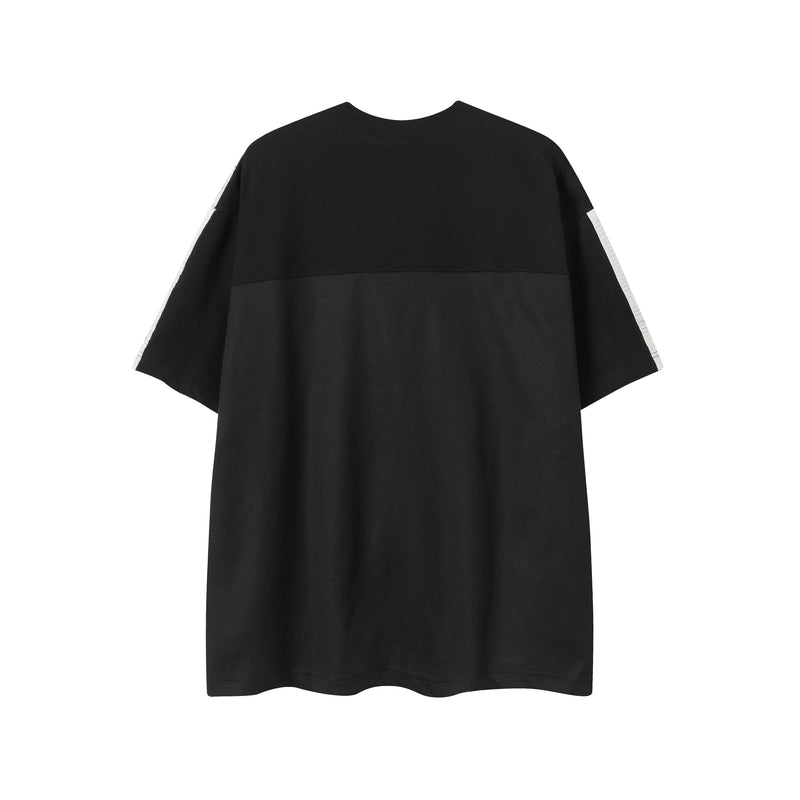 Black oversized V-neck street tee with split stripe sleeves and sporty graphic style