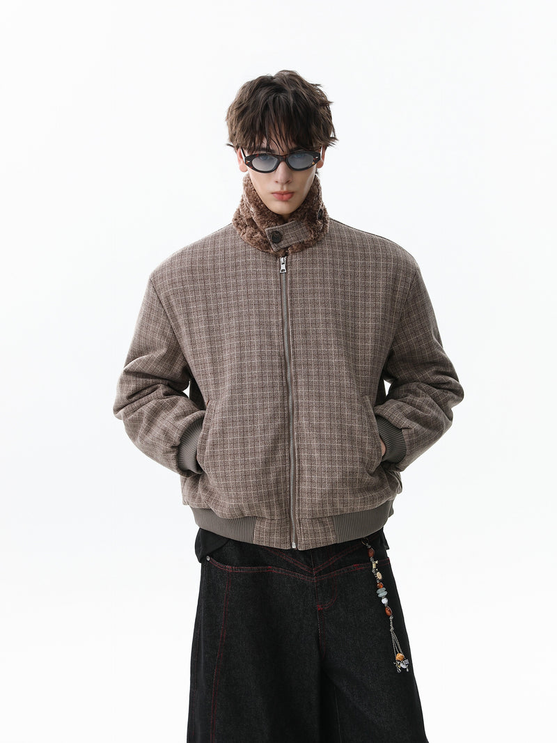 Check Pattern Faux Fur Collar Bomber Jacket | Omirad