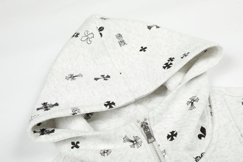 All-Over Gothic Cross Print Hooded Zip Jacket | Streetwear