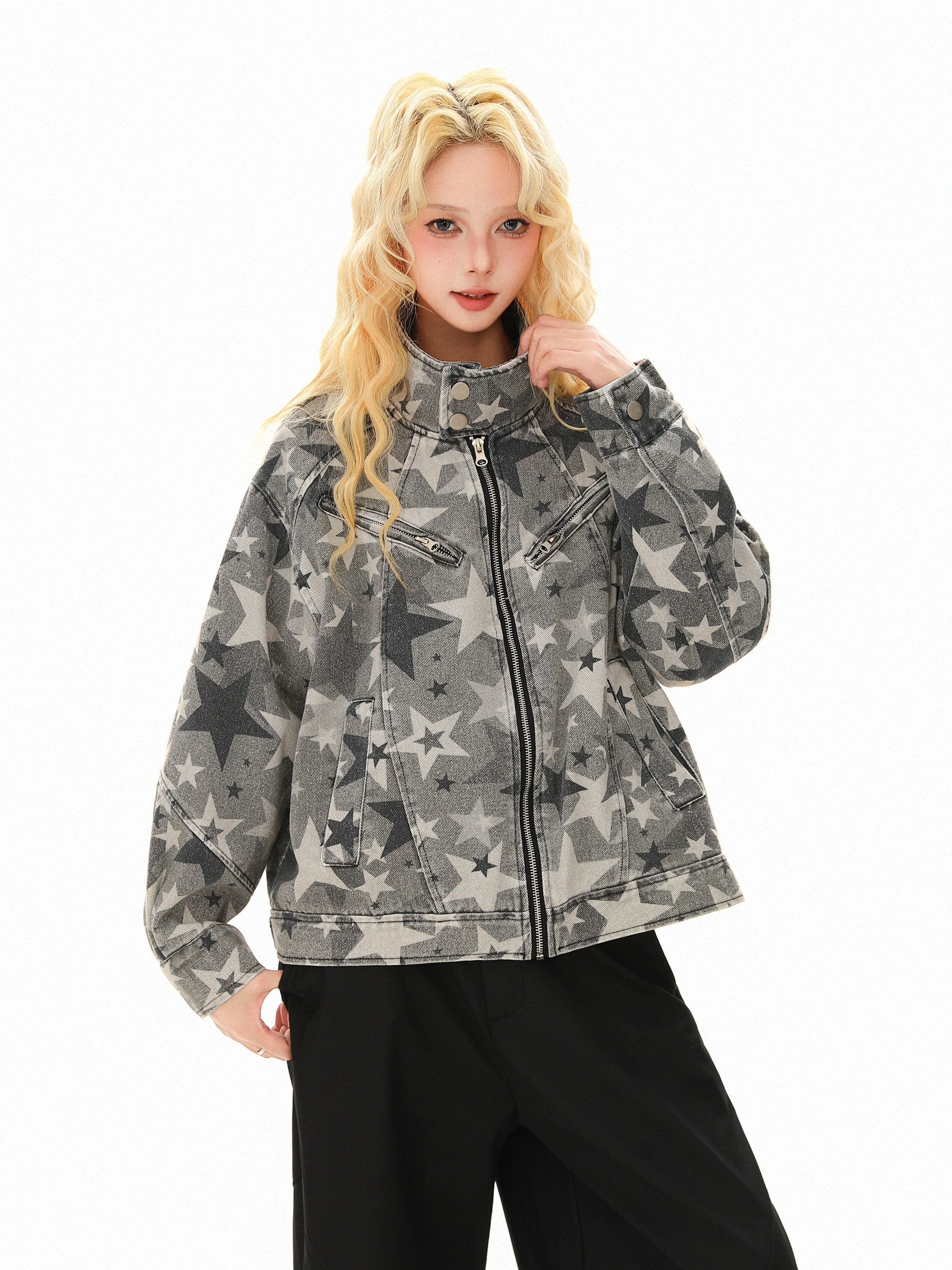 Omirad All-Over Star Print Washed Denim Jacket | Grayscale
