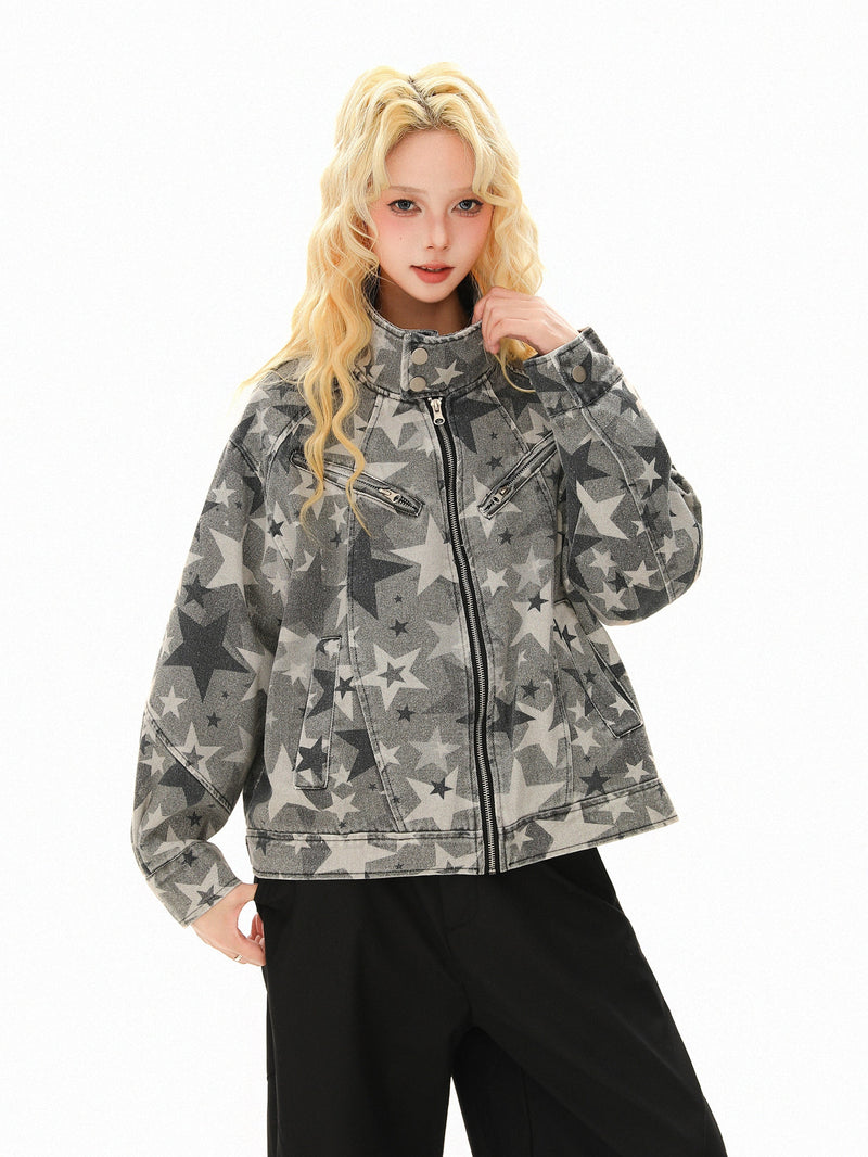 Omirad All-Over Star Print Washed Denim Jacket | Grayscale