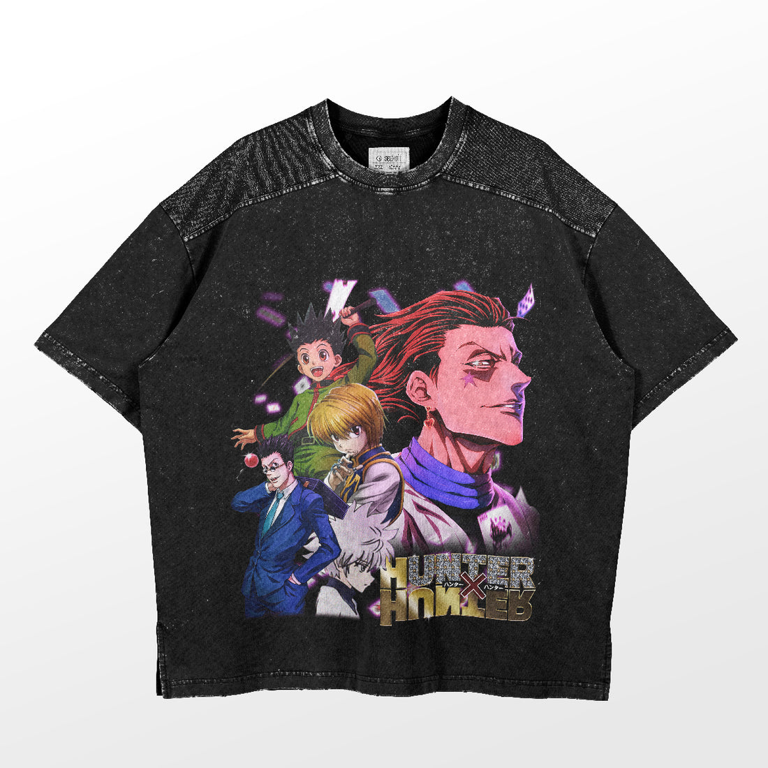The "Hunter x Hunter Main Characters Graphic T-Shirt" by Hunter × Hunter features a black base with dynamic poses of the anime&