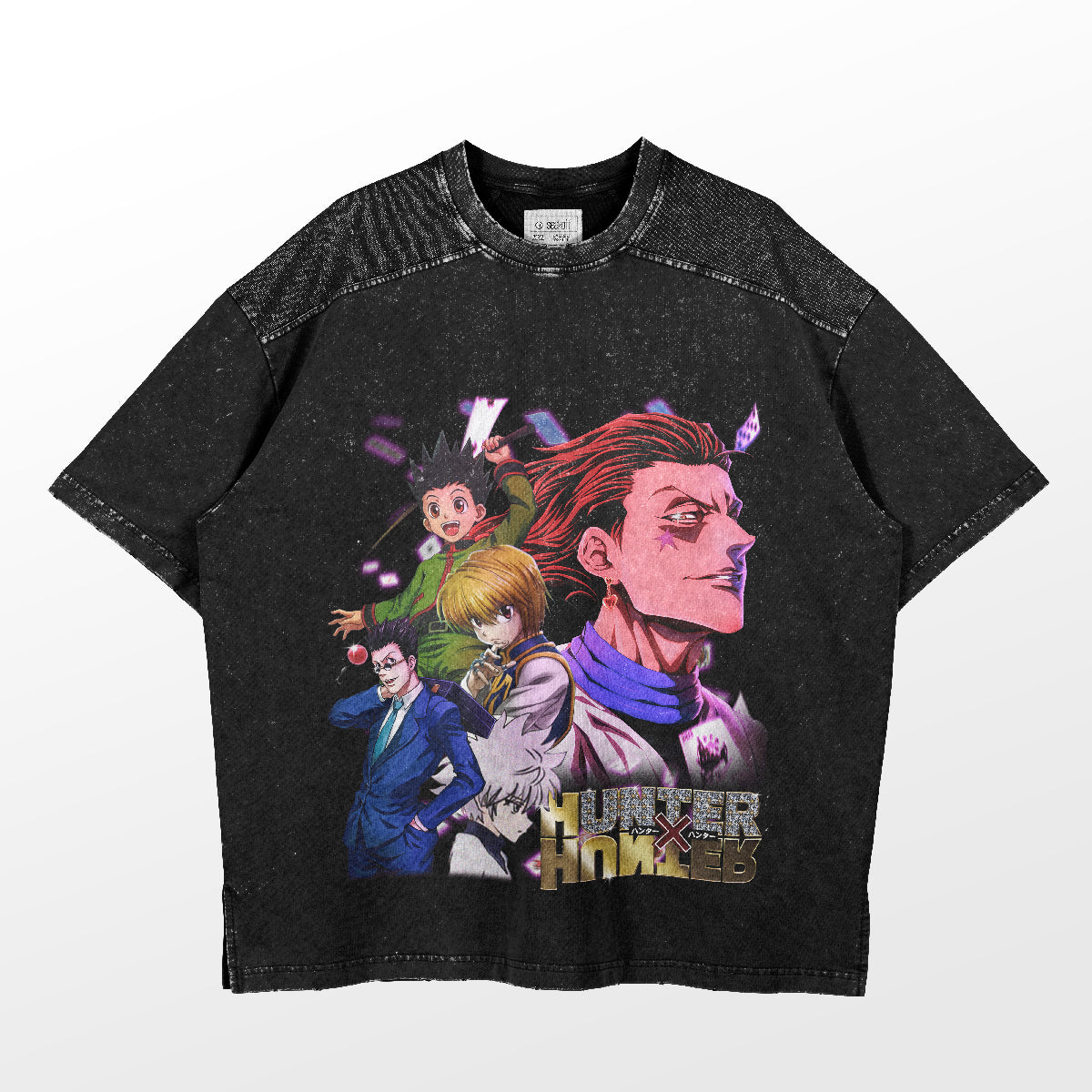 The "Hunter x Hunter Main Characters Graphic T-Shirt" by Hunter × Hunter features a black base with dynamic poses of the anime's main characters and a central confident figure, elegantly adorned with the show's logo at the bottom.