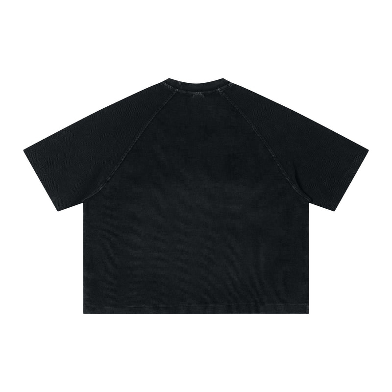 Black textured short-sleeve streetwear T-shirt shown from the back on a plain white background