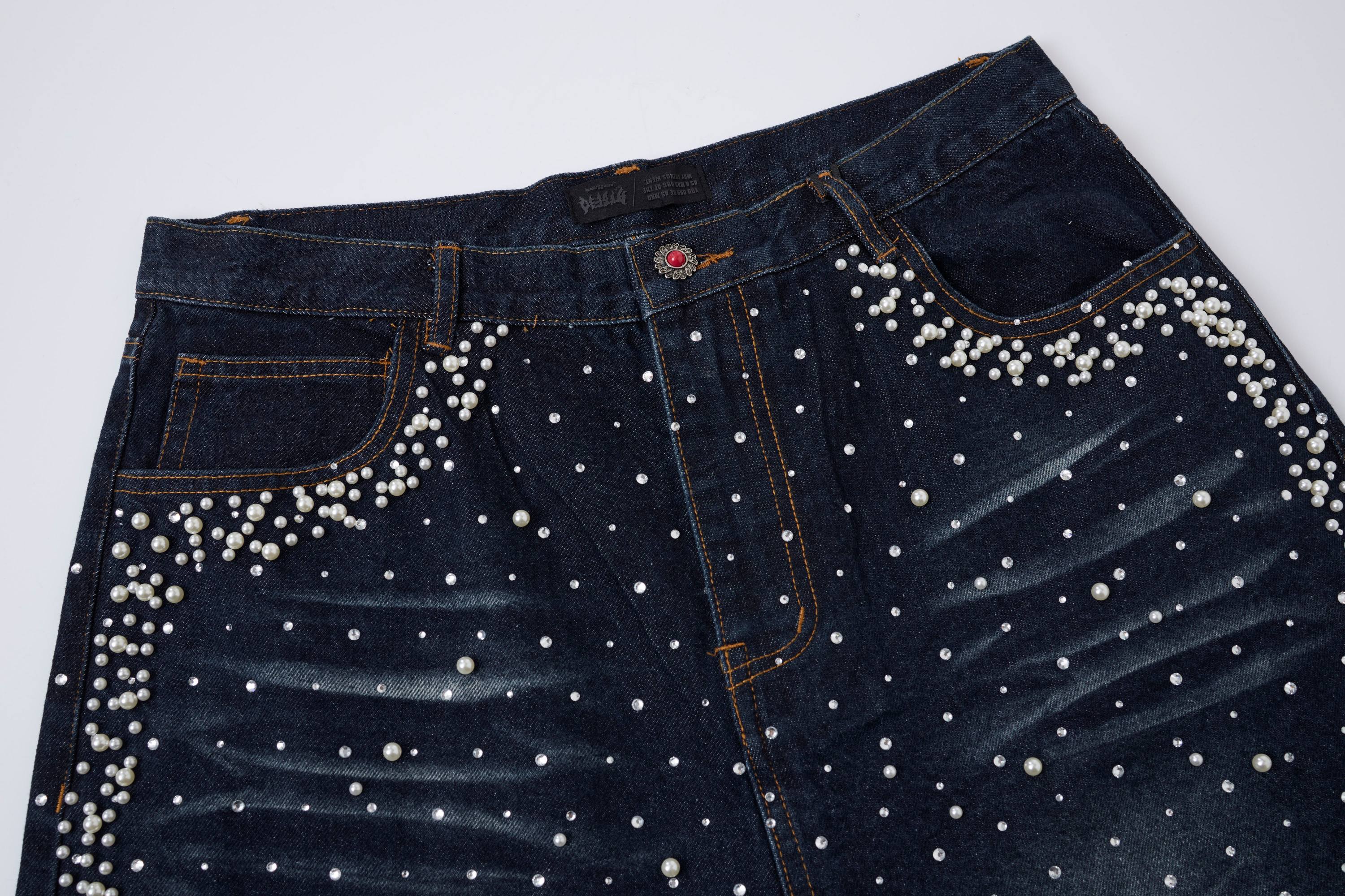 Omirad Pearl Studded Black Denim Shorts | Streetwear