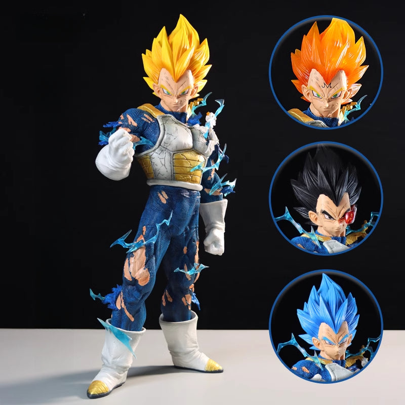 Discover the Seakoff Vegeta Collectible Figure from Dragon Ball Z, featuring a 45cm spiky-haired hero in iconic blue and white armor with electric effects, and four interchangeable Super Saiyan heads showcasing unique expressions in yellow, red, and black hair.