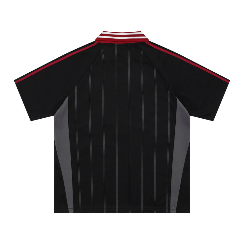 Black mesh soccer jersey polo with red striped collar, pinstripe front, and gray side panels on a white background