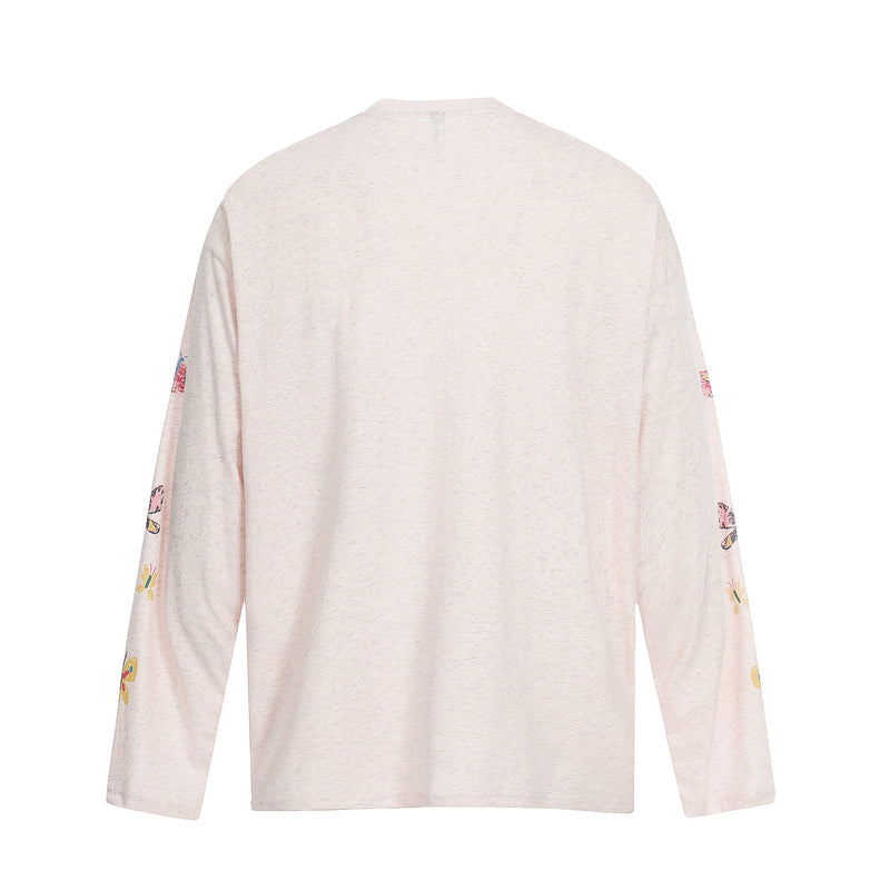 Back view of light pink long sleeve tee with butterfly prints on the sleeves