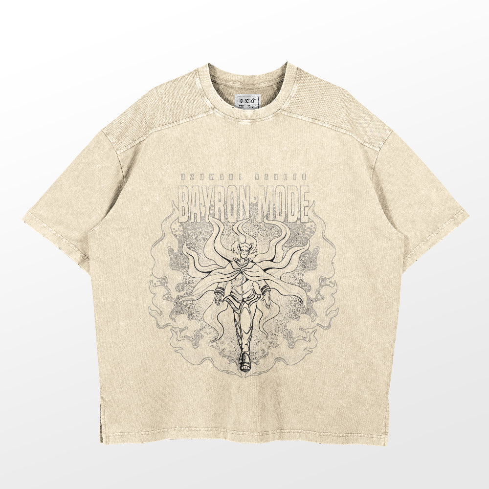 This beige Naruto Uzumaki Baryon Mode Washed Vintage T-Shirt, made from 260 GSM high-quality cotton, features an anime-style character with flowing tail-like elements. It offers an oversized fit and embodies the essence of anime streetwear.