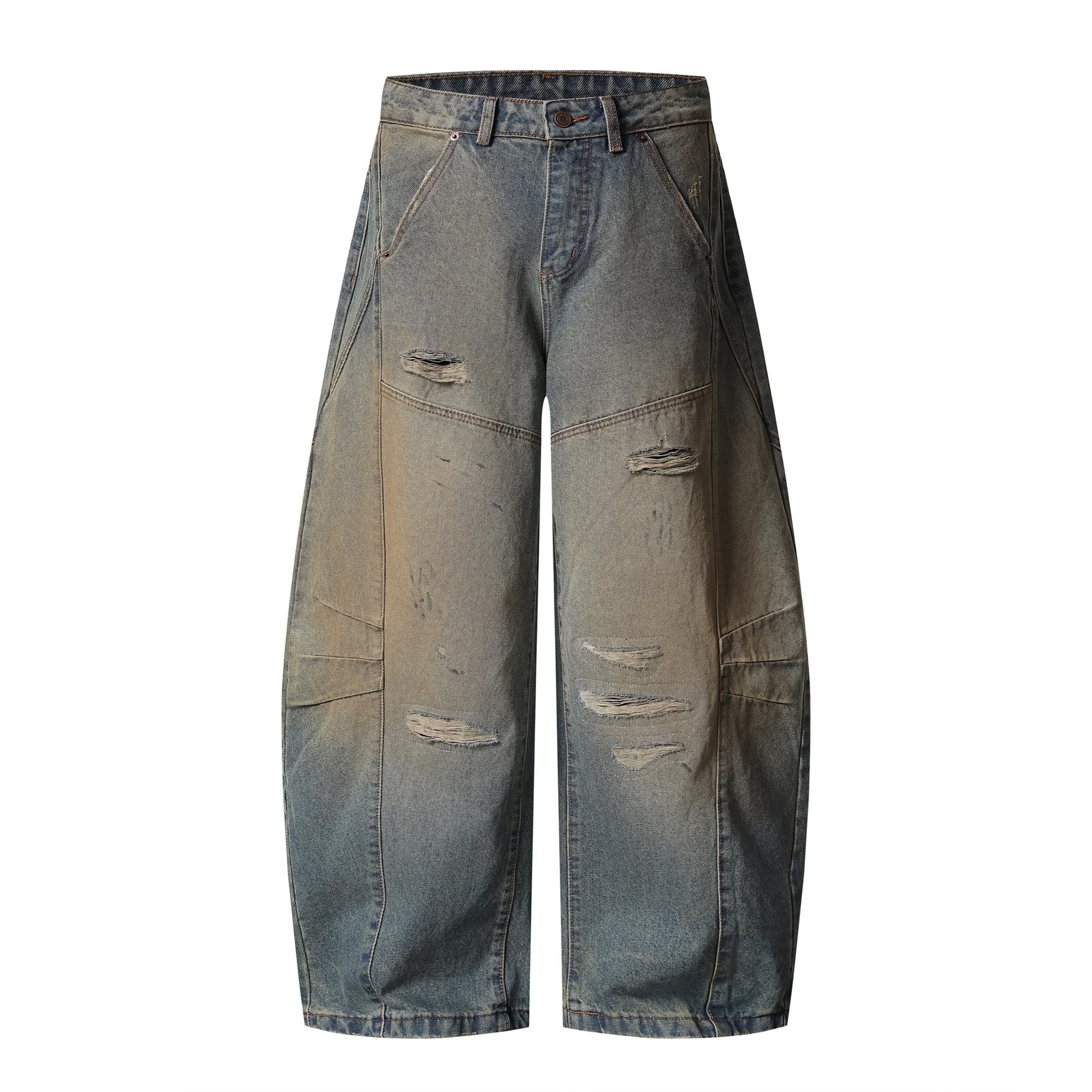 Omirad Distressed Curved Wide-Leg Jeans | Vintage Wash Denim