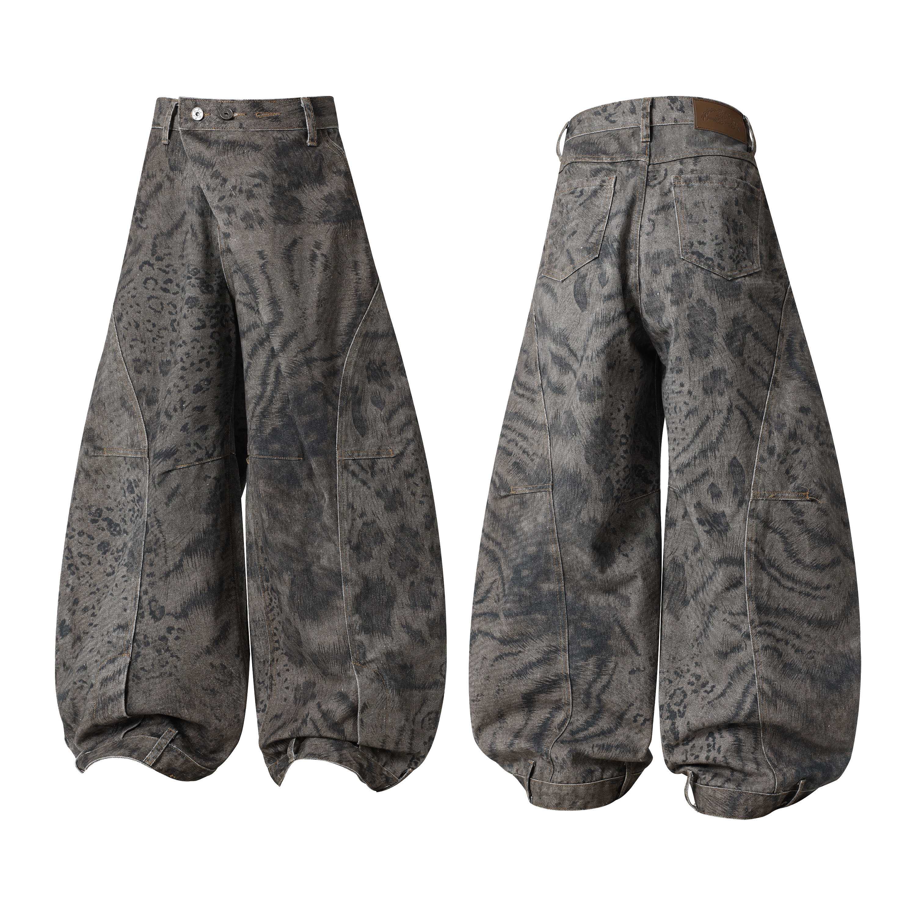 Omirad Shadow Predator Balloon Jeans in muted grey tonal animal print, front and back view, wide leg balloon silhouette