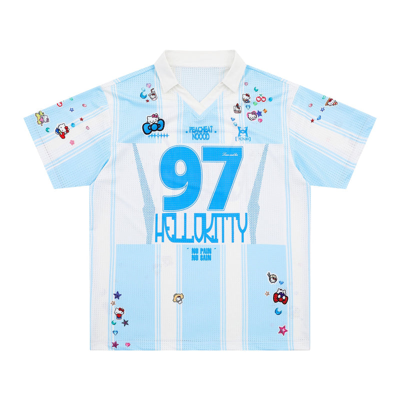 Hello Kitty blue and white varsity mesh jersey with striped panels, number 97, and playful character graphics
