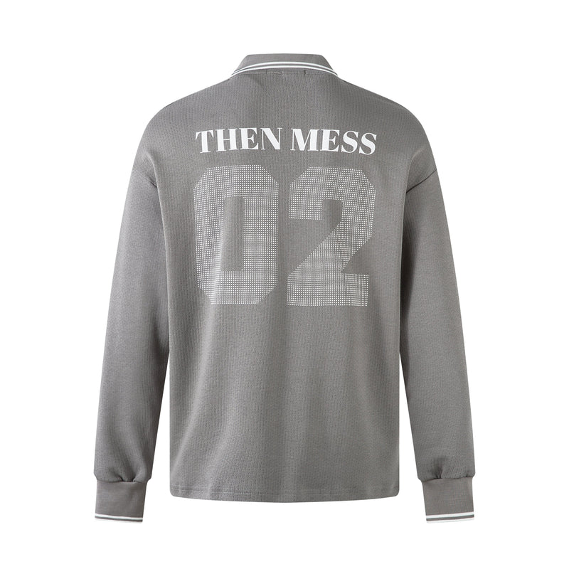 Back view of gray long sleeve polo shirt with large 02 print and THEN MESS text